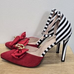 Boutique Striped Red Bow Stiletto Heels Sz 41 Euro 10 10.5 Sexy Cosplay Costume